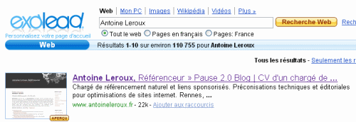 vignette dans SERPs Exalead
